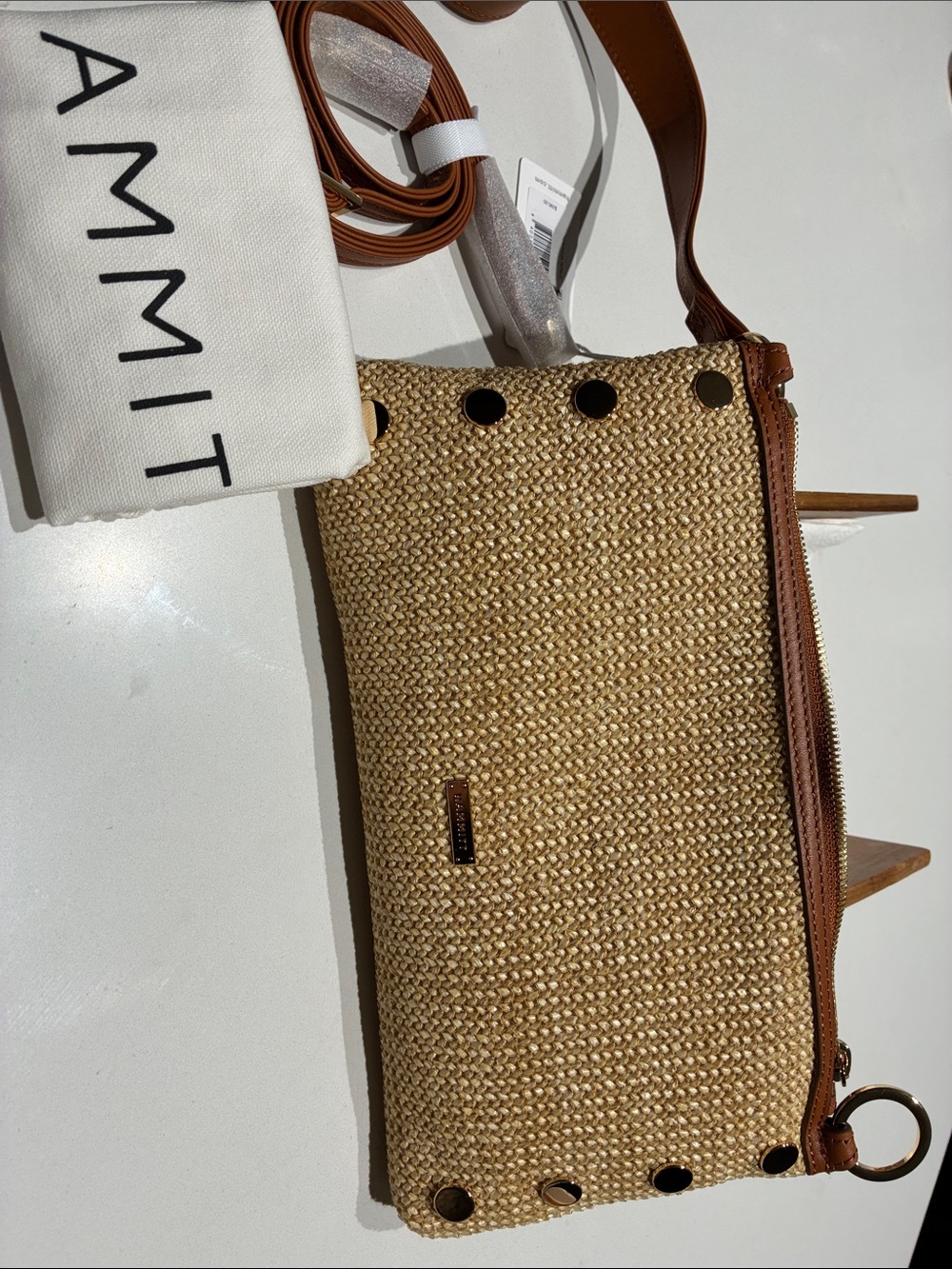 Hammitt Woven Straw Crossbody with Brown Leather Trim